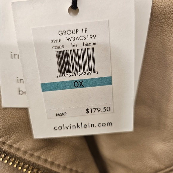 NWT - Calvin Klein Tan Biker Jacket - Faux Leather - Size 0X - Picture 7 of 12